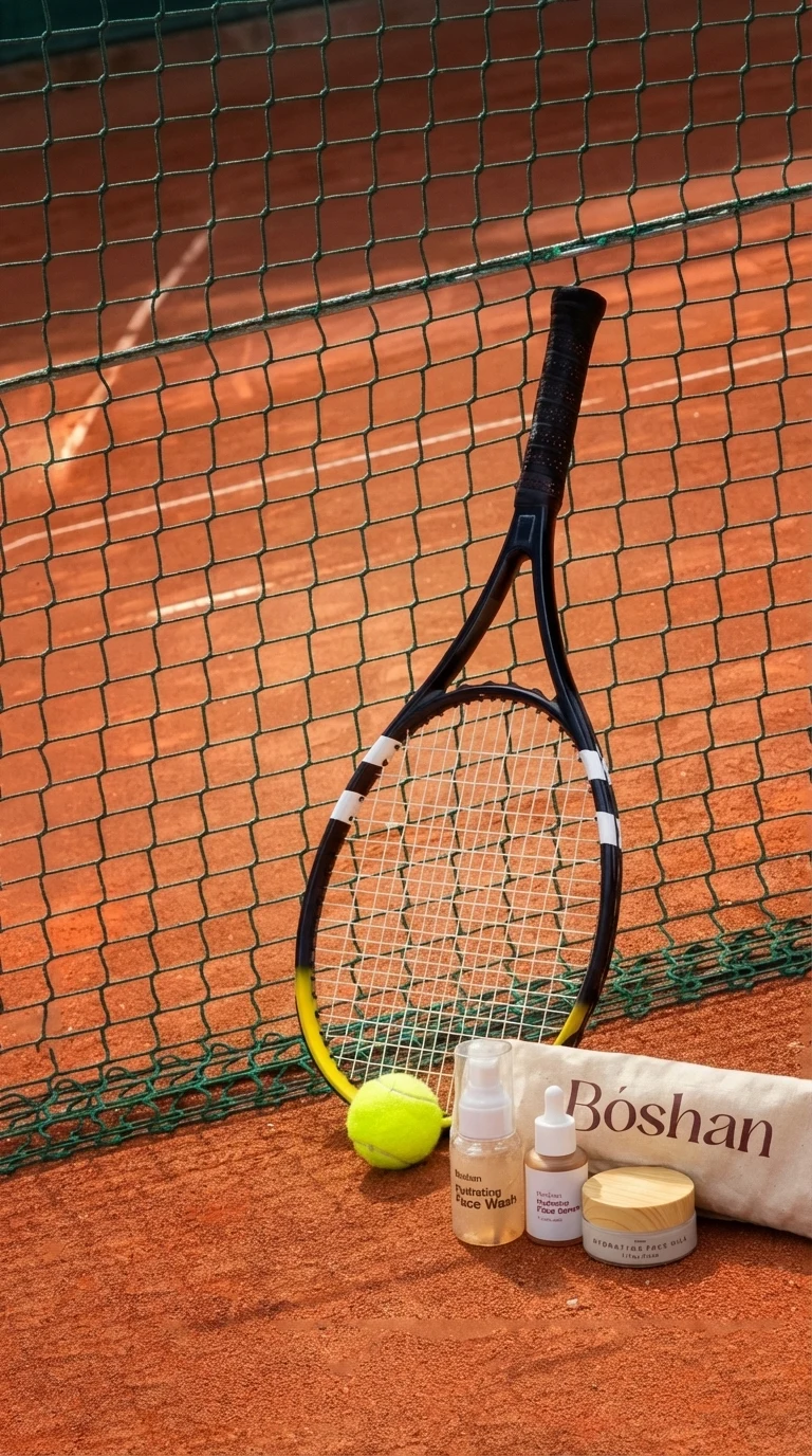 Boshan self-care products beside a tennis racket